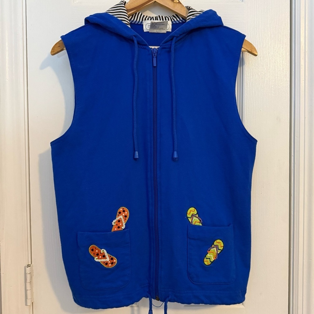 Mandal Bay Full Zip Sleeveless Vest Blue Embroidered Hooded Vest 100% Cotton SP